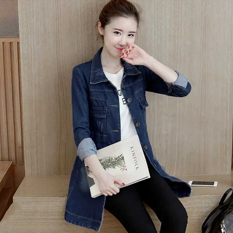2024 New Autumn Winter Korean Denim Jacket Women Slim Long Base Coat Womens Frayed Navy Blue Casual Female Jeans Jackets CoatsX240920