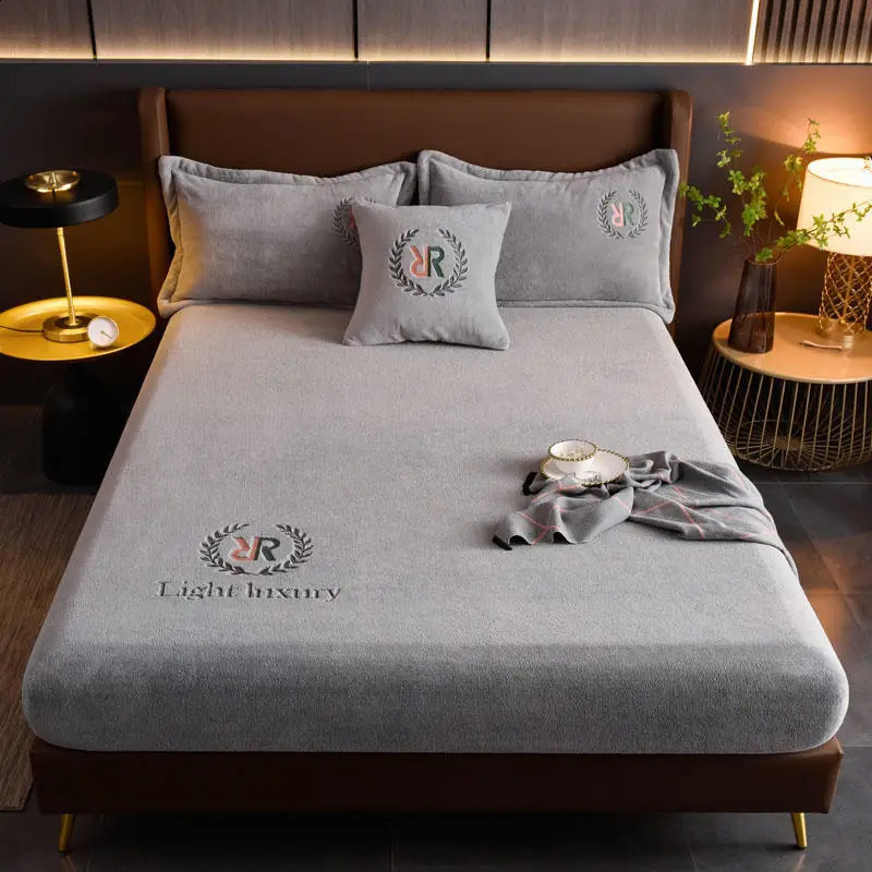 Sheet Winter plush elastic fit bed sheet for couples double layered bed linen pad cover 90 150 180x200 warm pocket 240918