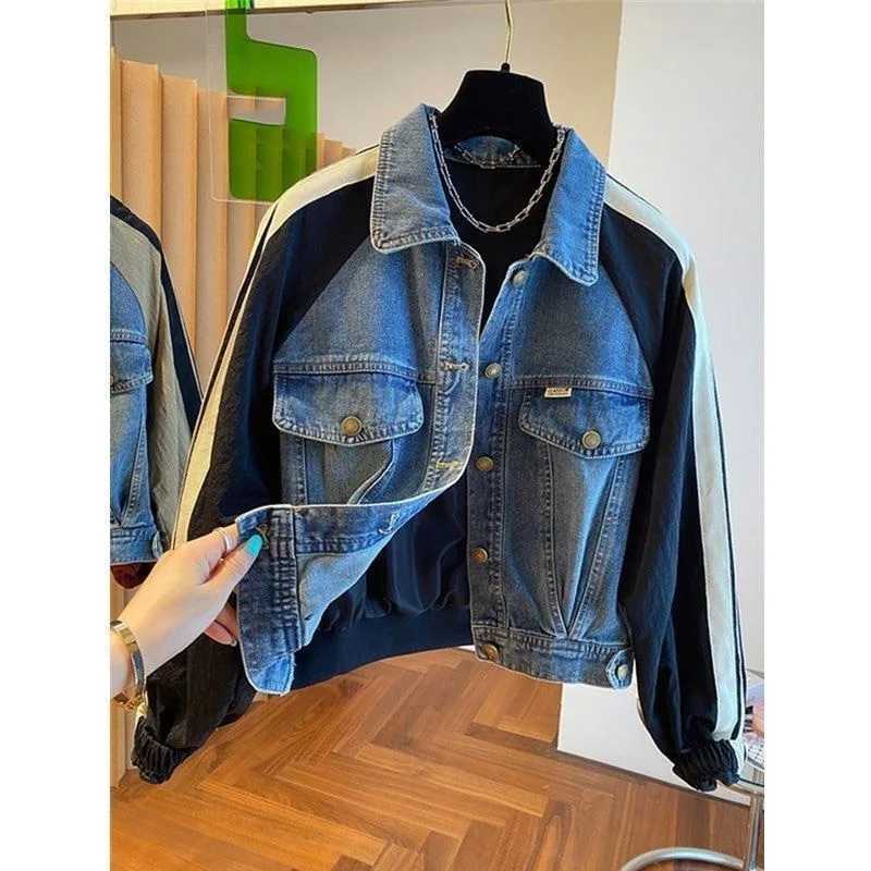 2024 Spring Autumn Short Baseball Jacket Loose Fitting Cowboy Women Outerwear European Fashion Splicing Together Denim Lady CoatX240920