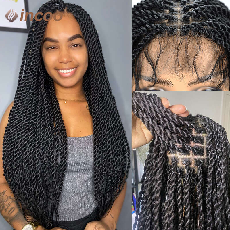 Senegalese Box Twist Full Lace Front For Black Women Knotless Braid Faux Locs Wig Goddess Braids Synthetic Wigs