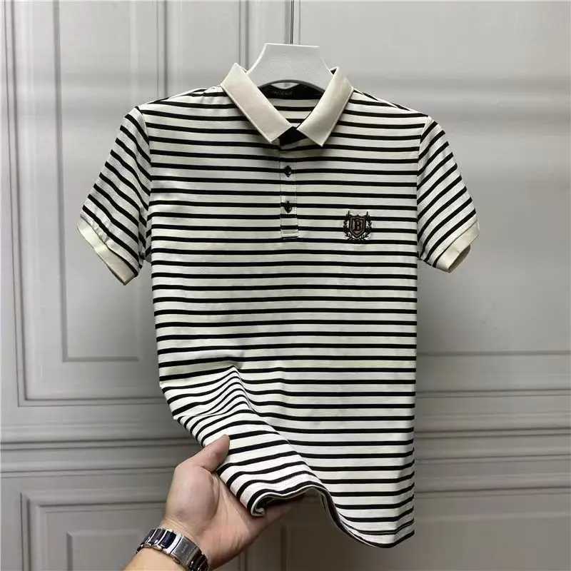 Summer New Oversized Men Embroidered Turn-down Collar Polo Shirts Mens Clothing All-match Striped T-Shirt Fashion Top Tee MaleX240920