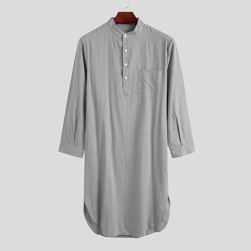 Mens Retro Stand Collar Muslim Nightgown Home Wear Long Sleeve Pocket Button-down Solid Color Sleep Robes Leisure 2024 New Y240919