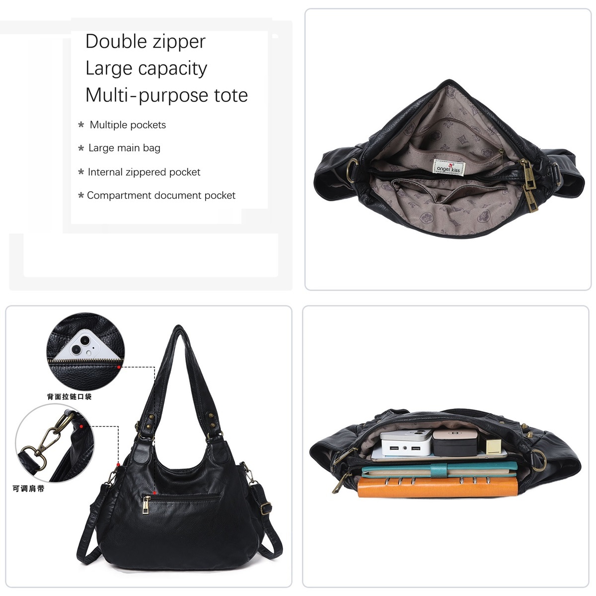 Women's fashion handbag PU casual rivet black Hobo crossbody bag shoulder bag