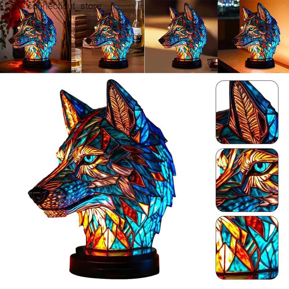 Novelty Lighting 3D Stained Glass Table Lamp Resin Animal Shape Night Light Elephant Wolf Dragon Desktop Ornaments Bedroom Atmosphere Light L240910