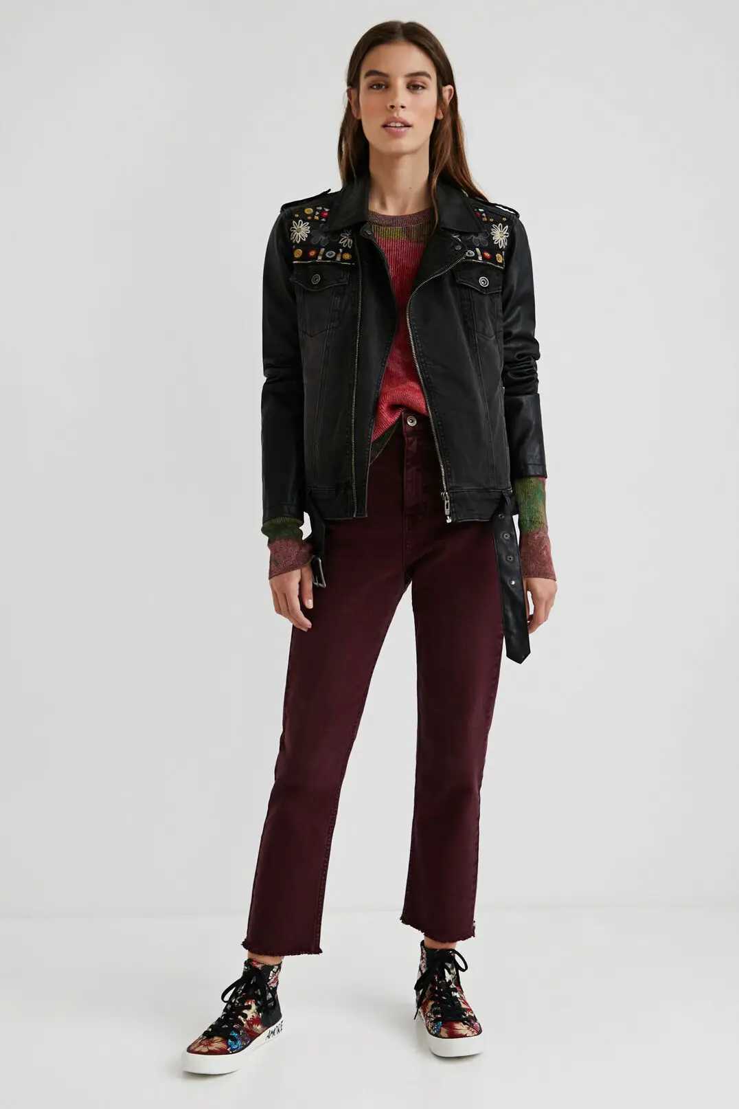 Embroidered stitching PU denim jacketX240920