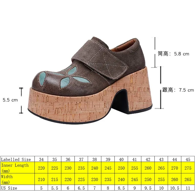 Koznoy 7.5cm Cow Suede Genuine Leather Ethnic Spring Round Toe Hook Shallow Mary Jane Platform Wedge Ladies Luxury Shoes Women