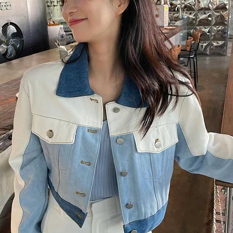 Autumn Fashion Patchwork Denim Jacket New Lapel Contrast Color Casual Traff Woman 2024 Coat Long Sleeves Slim Womens JacketsX240920