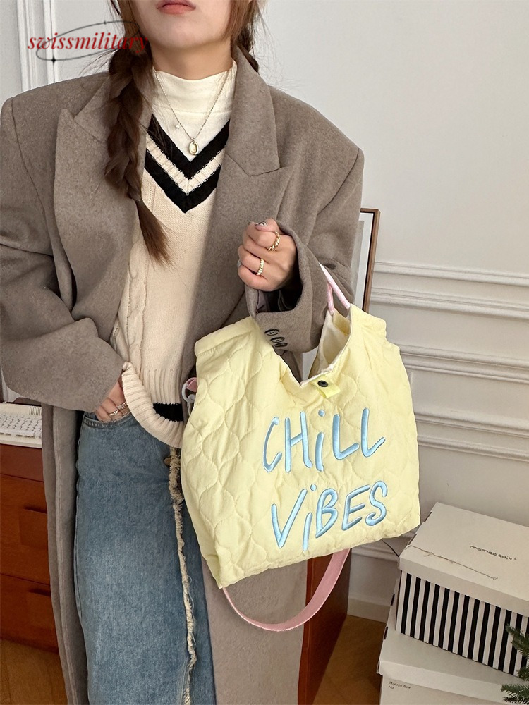 2024Autumn/Winter New Canvas Korean Edition Letter Embroidered Quilted Handbag Crossbody Bag Lightweight and Large Capacity #22 Swissmilitary