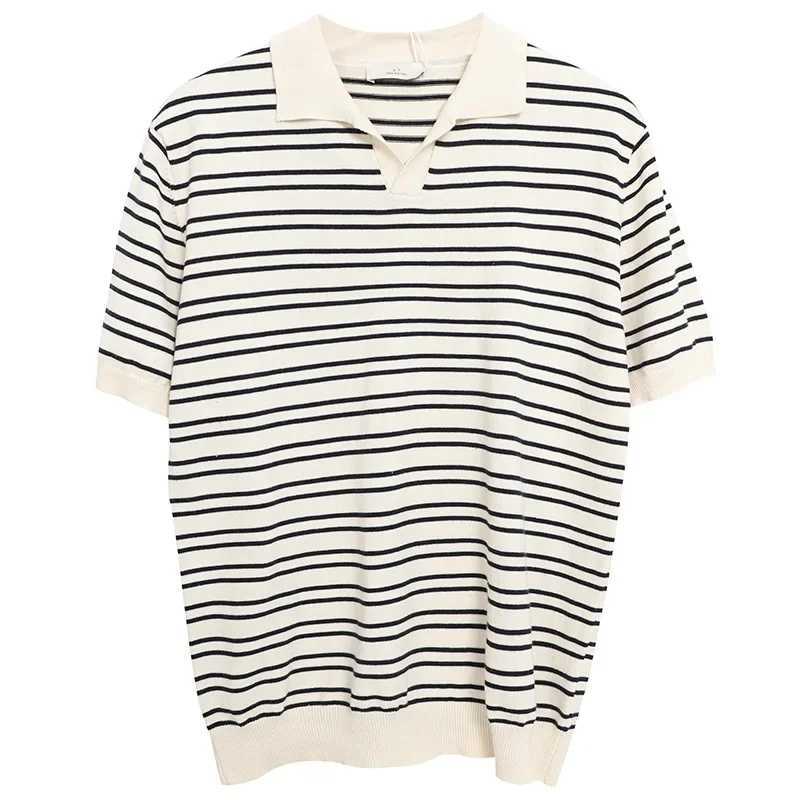 2022 Summer New V-neck Ice Silk Striped Polo Shirt For Men Short Sleeves Trendy Versatile Simple Fashionable Lapel T-shirtX240920