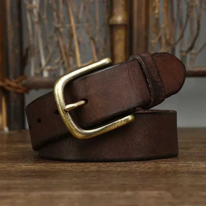 3.3CM genuine leather belt mens luxury belt mens fashion pure denim copper buckle wild classic retro pin buckle high quality W240920