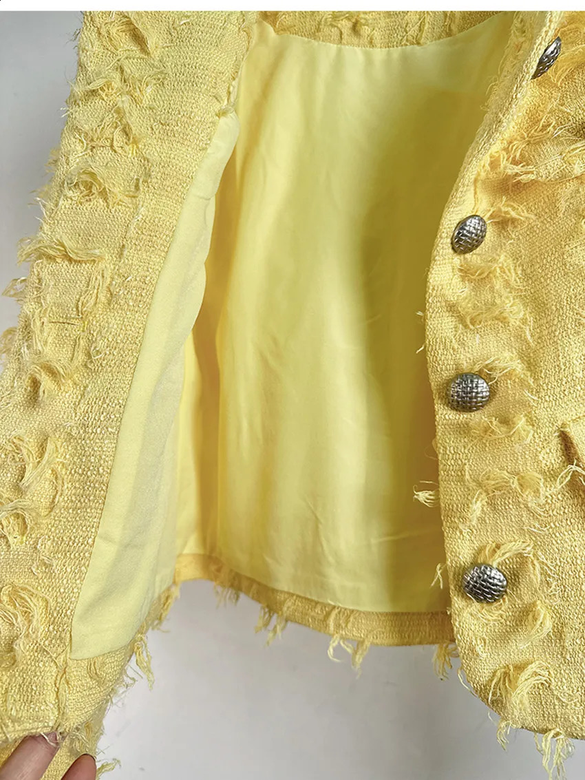 High Quality Autumn Winter Yellow Tweed Short Jacket Coat French Women Round Collar Single Breasted Tassel Woolen Outwear