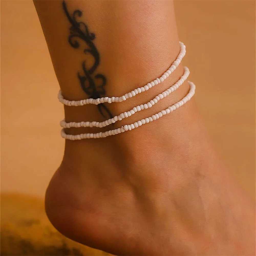 3pcst Vacation Beach Summer Bohemian Style Minimalist Elastic Beaded Anklet Jewelry For Women For Daily Decoration Y240920