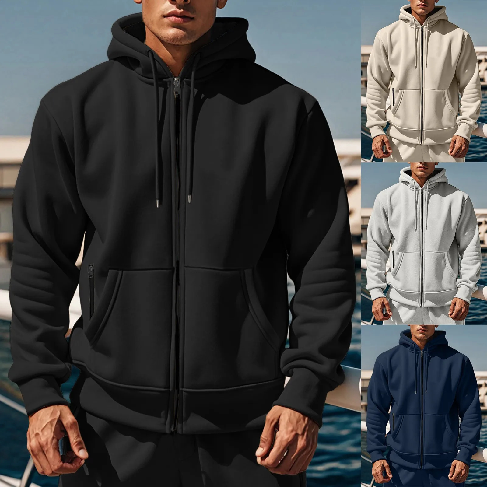 Mens autumn and winter solid color hooded sweater wool warm comfortable mens long casual round neck zipper 240911