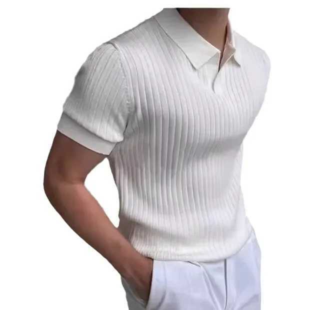 Summer Mens Slim Fit Polo Shirt Ice Silk Knit V-neck Striped Casual Business Fashion Short Sleeve T-shirt For Mature MenX240920