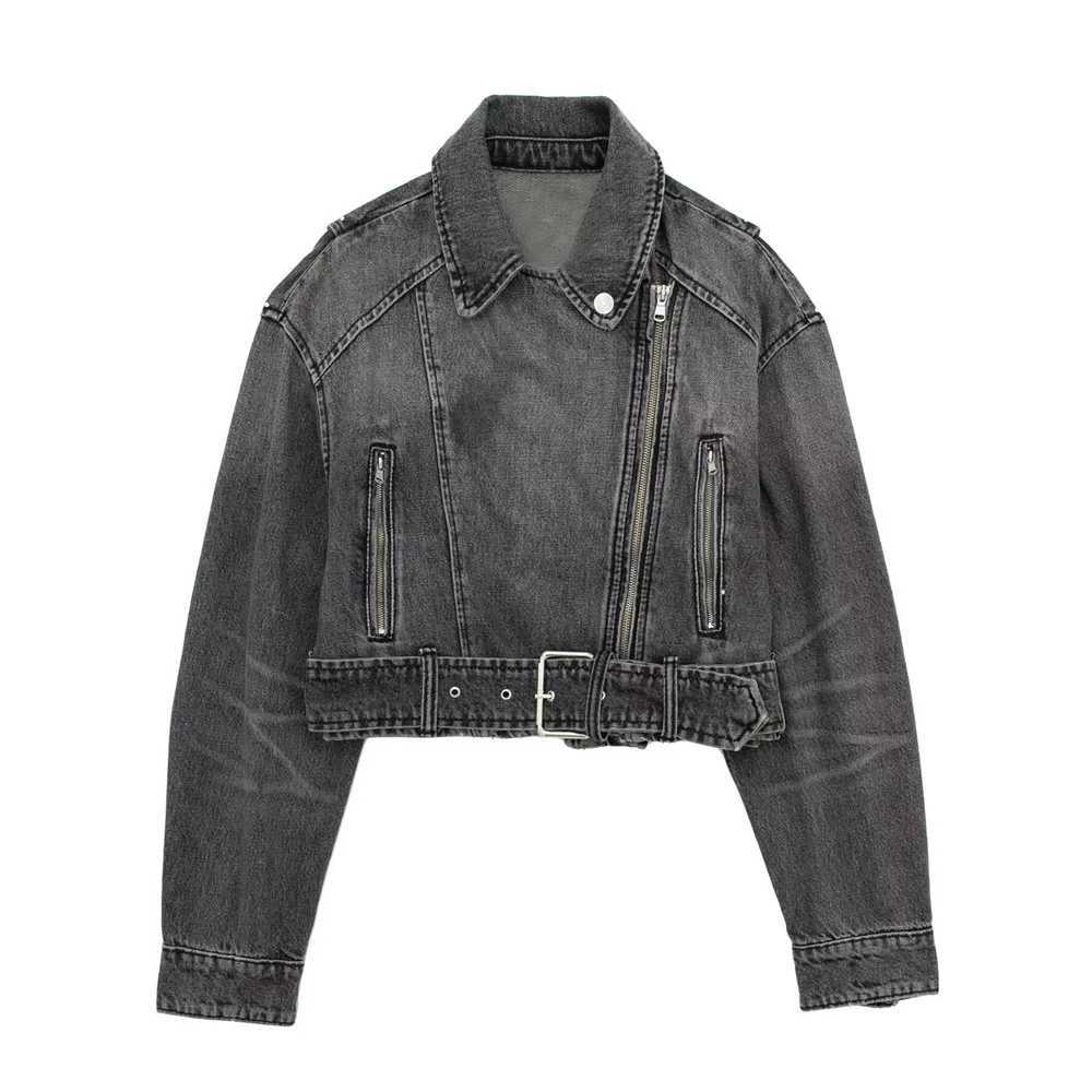UNIZERA2023 Autumn and Winter New Womens Casual Versatile Polo Neck Motorcycle Loose Belt Denim Jacket CoatX240920