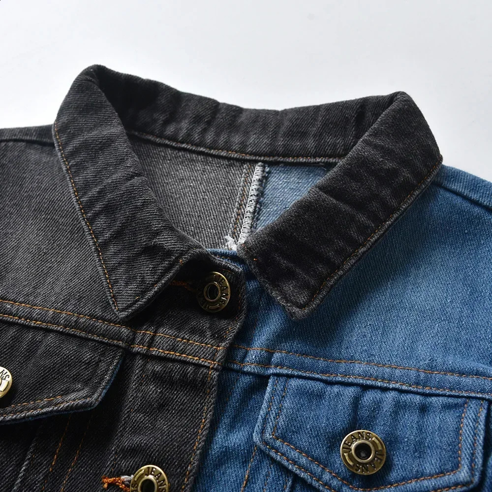 70-140cm childrens casual denim jacket with black and blue patchwork color fashionable street boy jeans jacket with perforated collar 240918