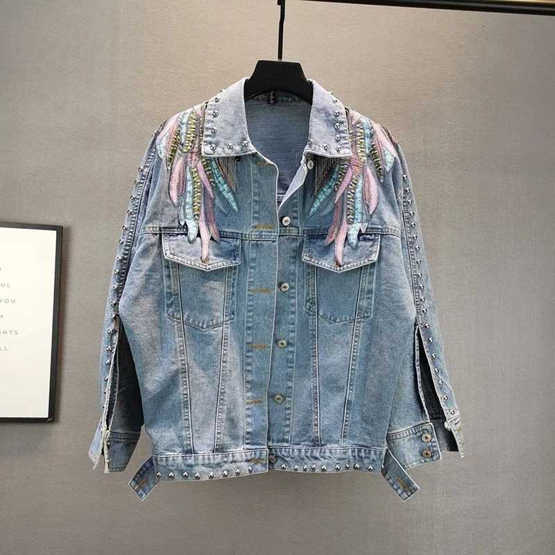2024 New AutumnFashion Rivet Woman Denim Jacket Long Sleeve Female Jackets Jeans Coat Beading Tassel Denim Coat OuterwearX240920