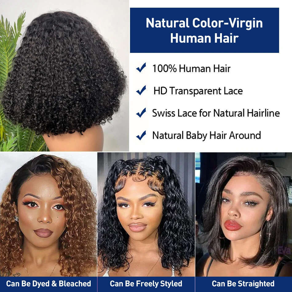 13x4 Curly Front 200% Density Deep Wave Short Bob Wig Transparent Lace Frontal Wigs Human Hair