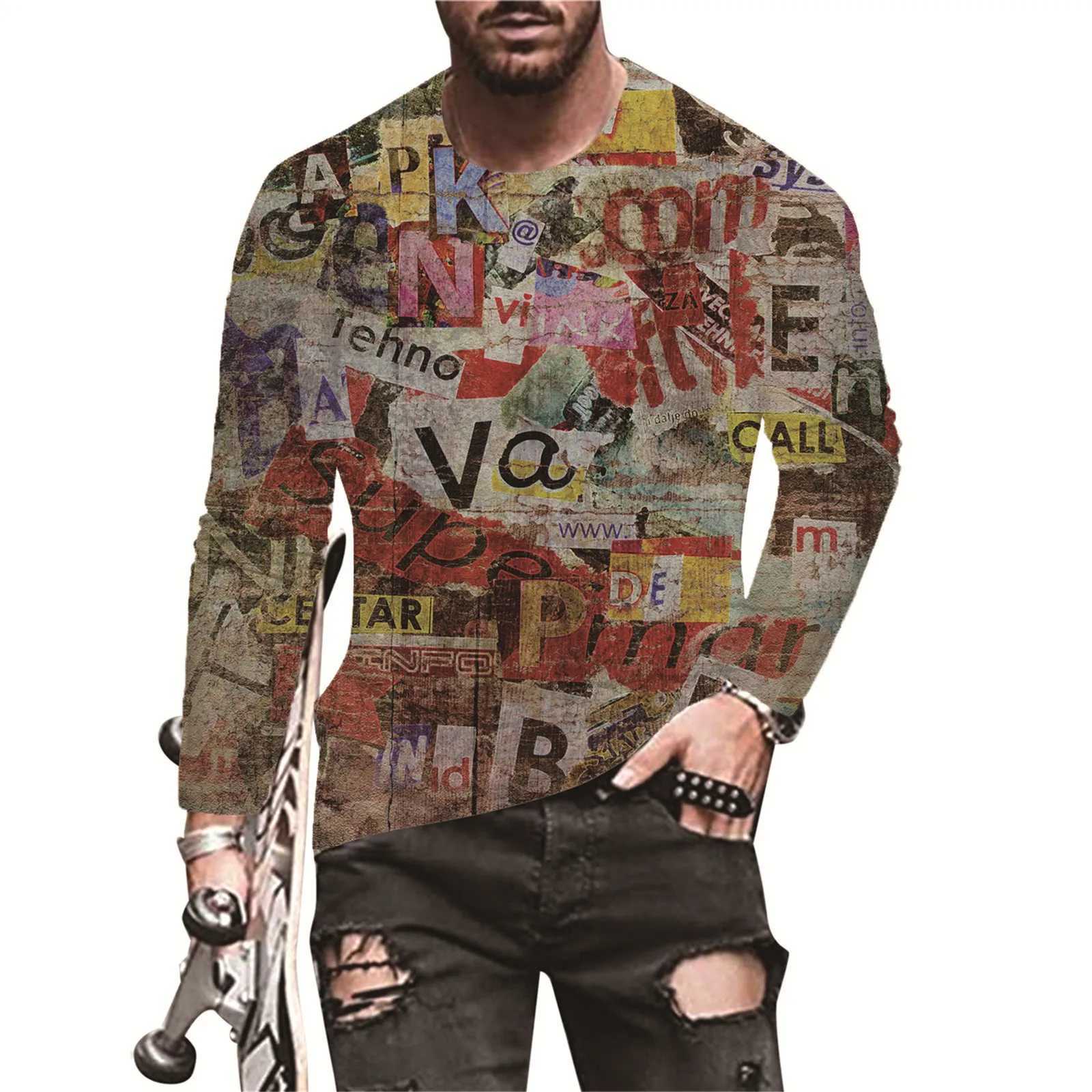 Street youth vitality new trend mens graffiti color 3D printing tops long sleeve round neck outdoor sports fitness T-shirt menX240919