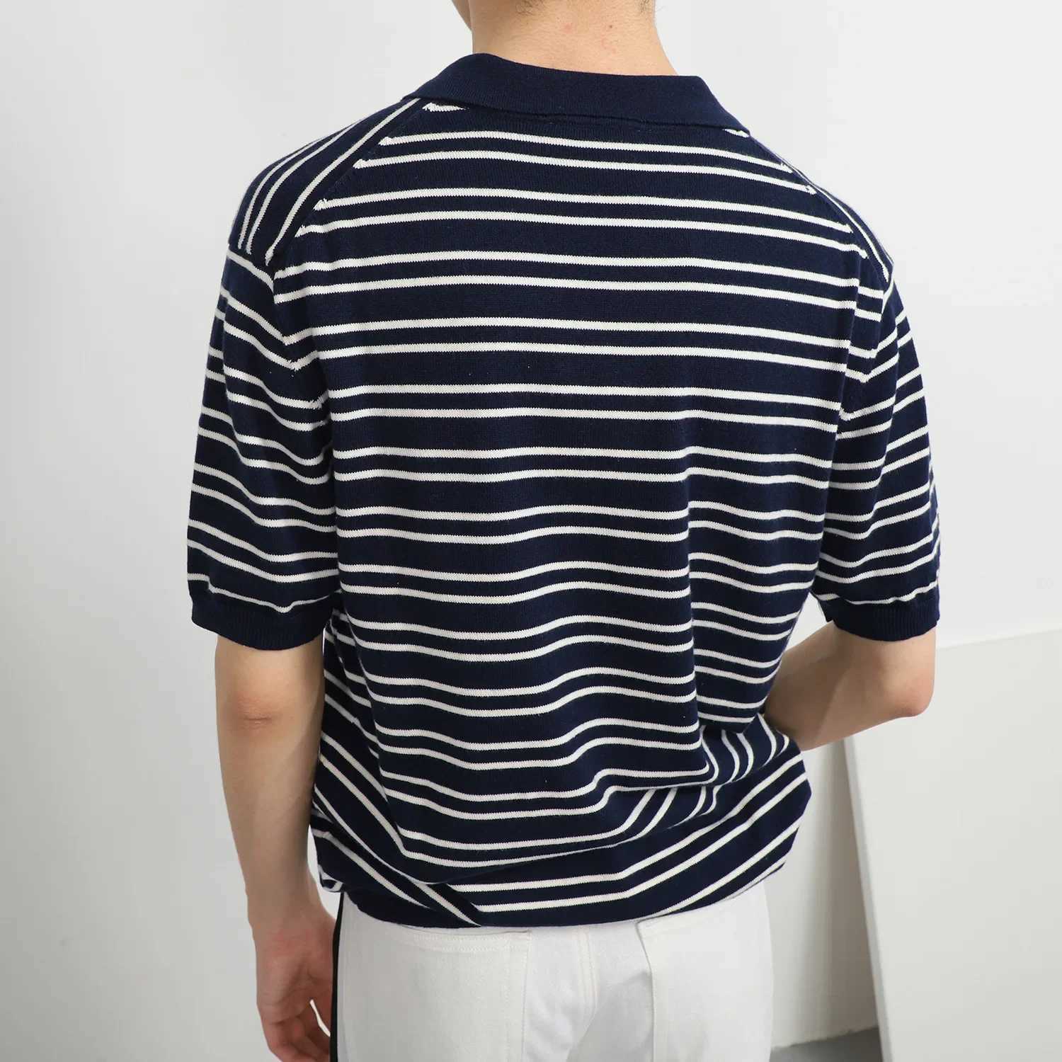 2022 Summer New V-neck Ice Silk Striped Polo Shirt For Men Short Sleeves Trendy Versatile Simple Fashionable Lapel T-shirtX240920