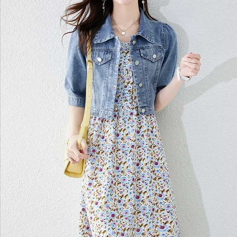 Vintage Crops Trendy Turn Down Collar Jackets Women Basic Solid Outwear Half Sleeve Denim Fit Harajuku Street Denim Jacket WomenX240920