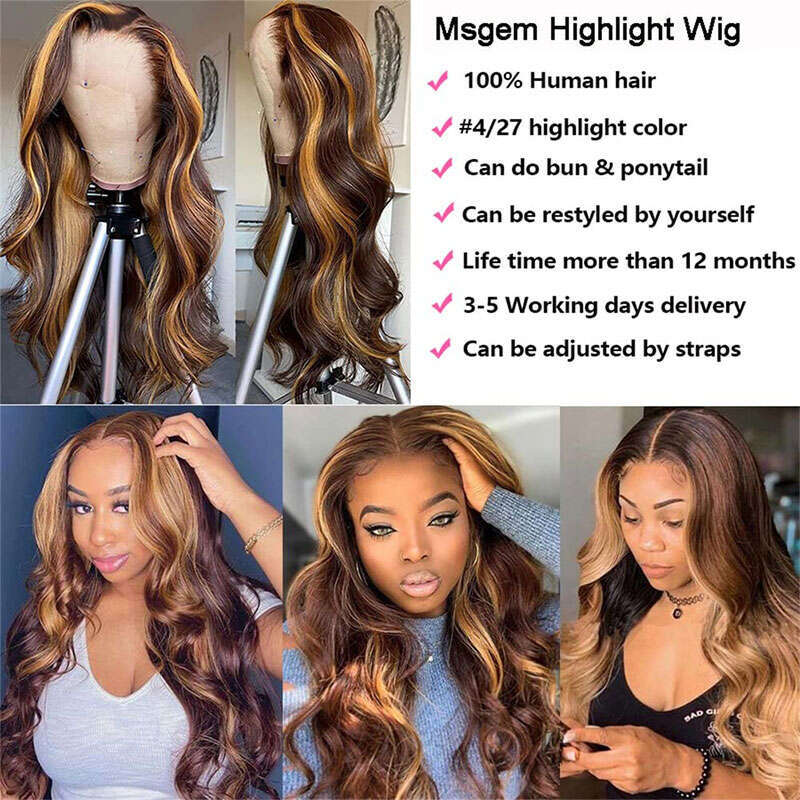 4/27 Body Wave Human Transparent Front Wig Highlight Lace Closure Wigs Brazilian 100Human Hair For Women