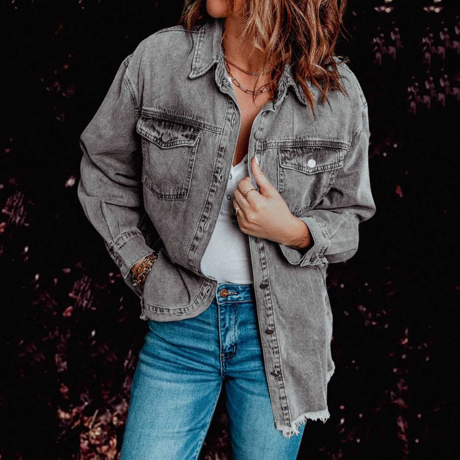 WomenS Denim Jackets Ripped Hem Gray Jeans Jacket Shacket Female Casual Loose Denim Coats Overcoats Oversized BF Denim JacketX240920