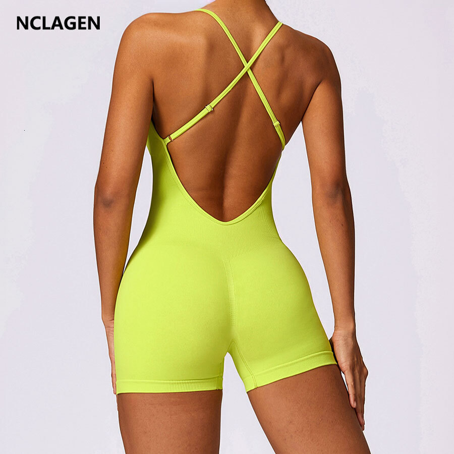 NCLAGEN Women Seamless Gym Jumpsuit Adjustable Thin Strap Sports Shorts Set Workout Playsuit Backless Cross One Piece Yoga Suit