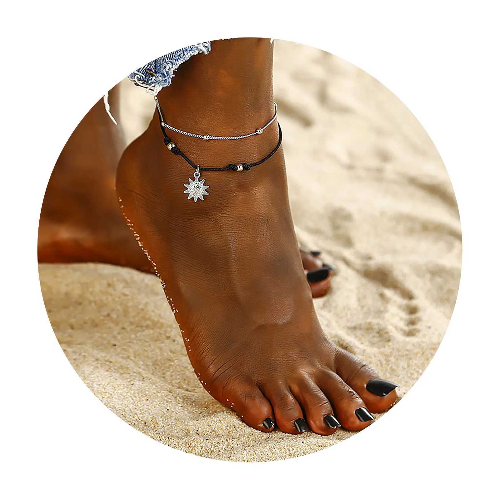 Bohemia Black Color Chain Ankle Bracelet On Leg Foot Jewelry Boho Elephant Sun Charm Anklet Set For Women Accessories jewelry Y240920