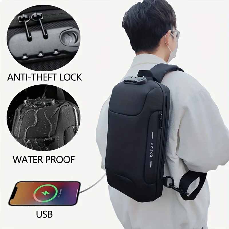 OZUKO Mens Anti theft Cross body Sling Bag with USB Charging Port Waterproof Scratch resistant Shoulder Large Capacity Chest 240919