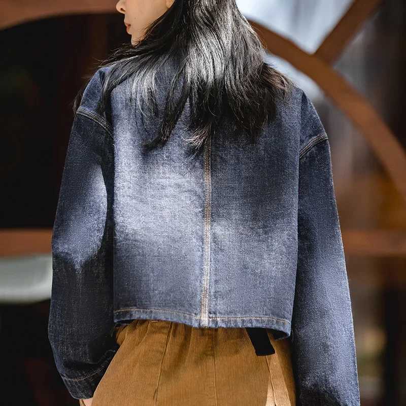 Maden Womens Short Jeans Jacket 14 oz Vintage Denim Coats Lapel Collar Loose Female Jackets Jeans Blue Streetwear 2022 NewX240920