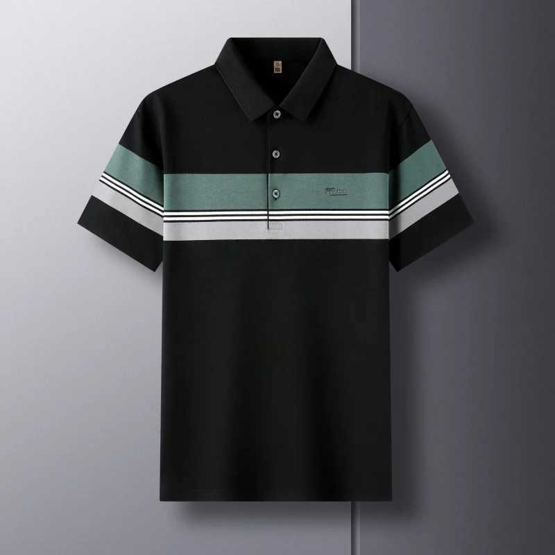 High end silk cotton short sleeve POLO shirt mens 2024 summer fashion stripe contrasting embroidery casual business T-shirtX240920