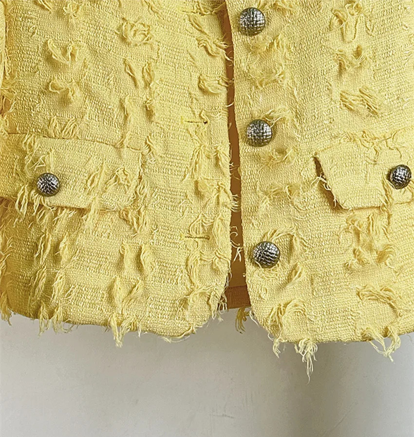 High Quality Autumn Winter Yellow Tweed Short Jacket Coat French Women Round Collar Single Breasted Tassel Woolen Outwear