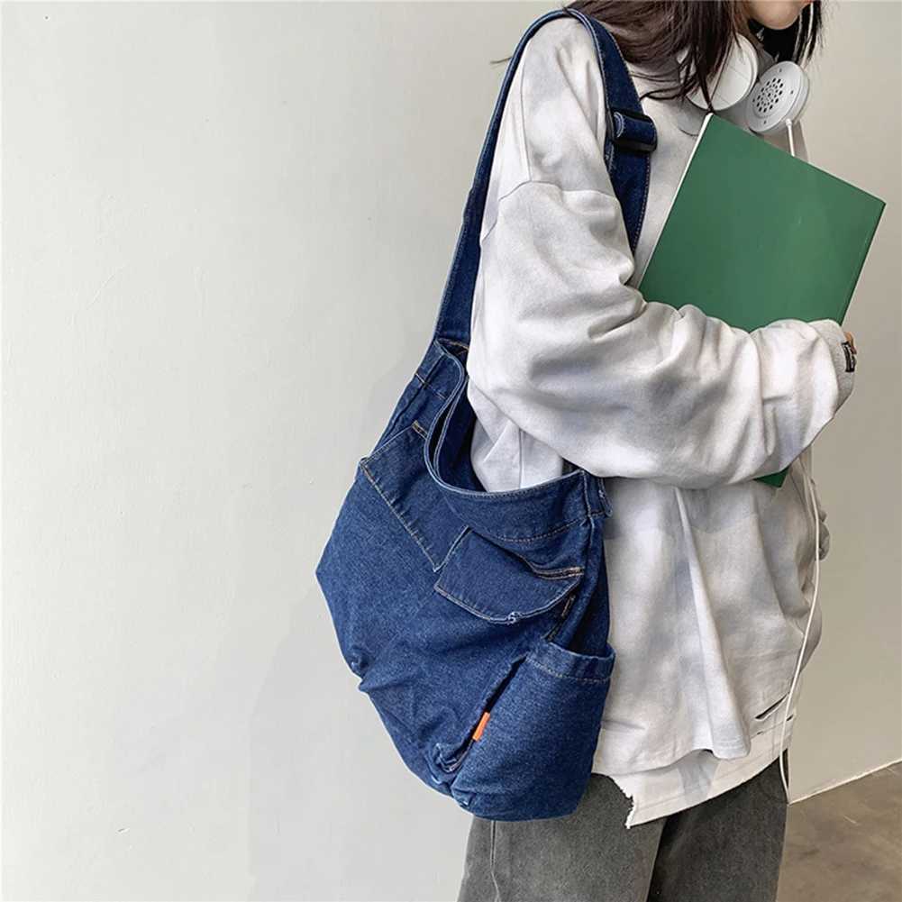 Vintage Denim Shoulder Crossbody Bags for Girls School Messenger Travel Handbags Casual Large Capacity Women 240920