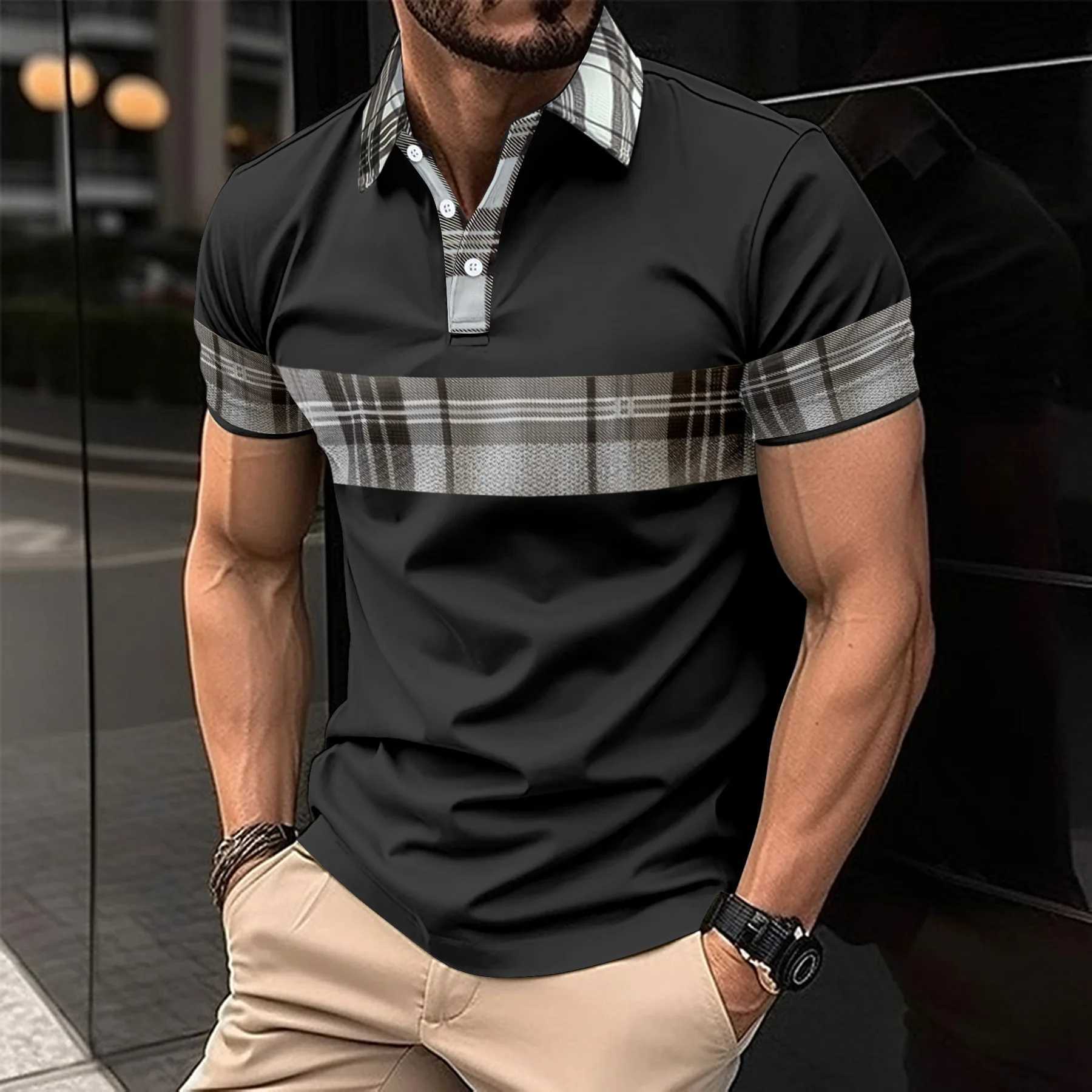 Summer new mens fashion casual polo shirt short sleeve striped button Waffle T-shirt breathable topX240920