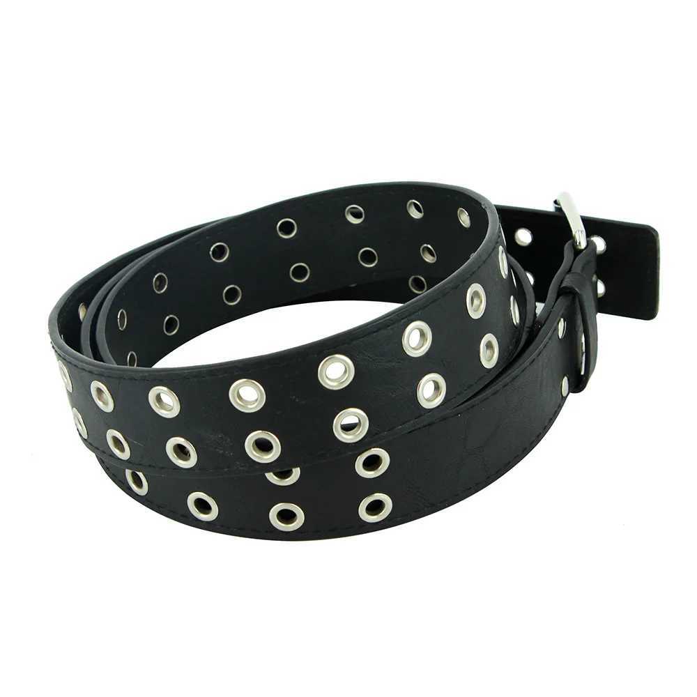 Fashion womens punk chain strap adjustable black double hole eye loop metal buckle leather mens jeans belt W240920