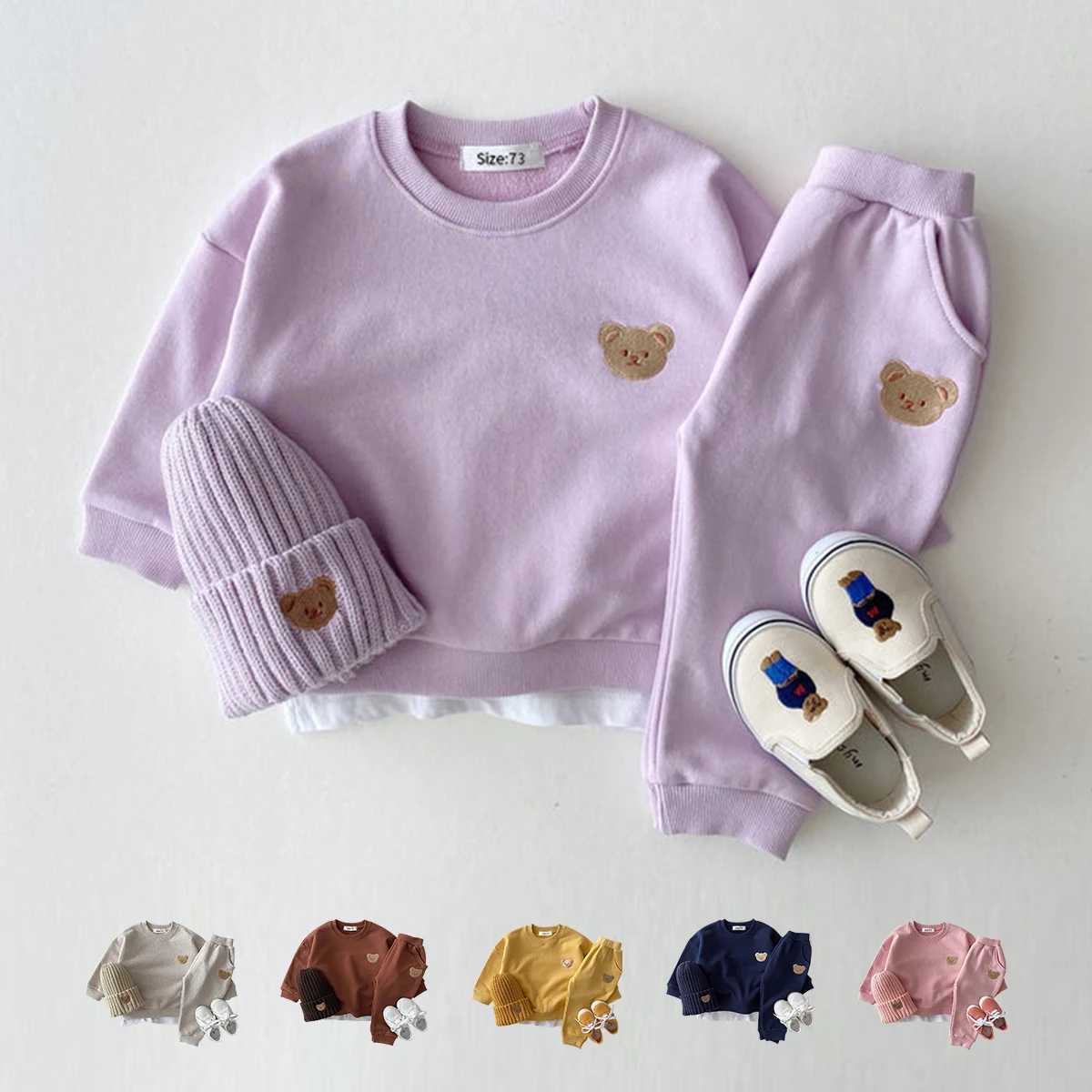 Kids Spring Sportswear Suits Girl Cute Small Bear Pullover Sweatshirts + Boys Loose Cotton Sweatpants 2pc Cartoon Tracksuit Set M240920