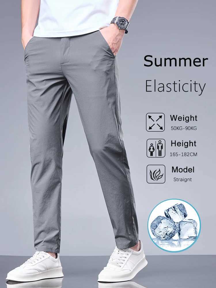 Summer New Business Ice Silk Pants Straight Elastic Waist Black Grey Trouser Breathable Simple Mens Clothing Casual Set Pants W240919