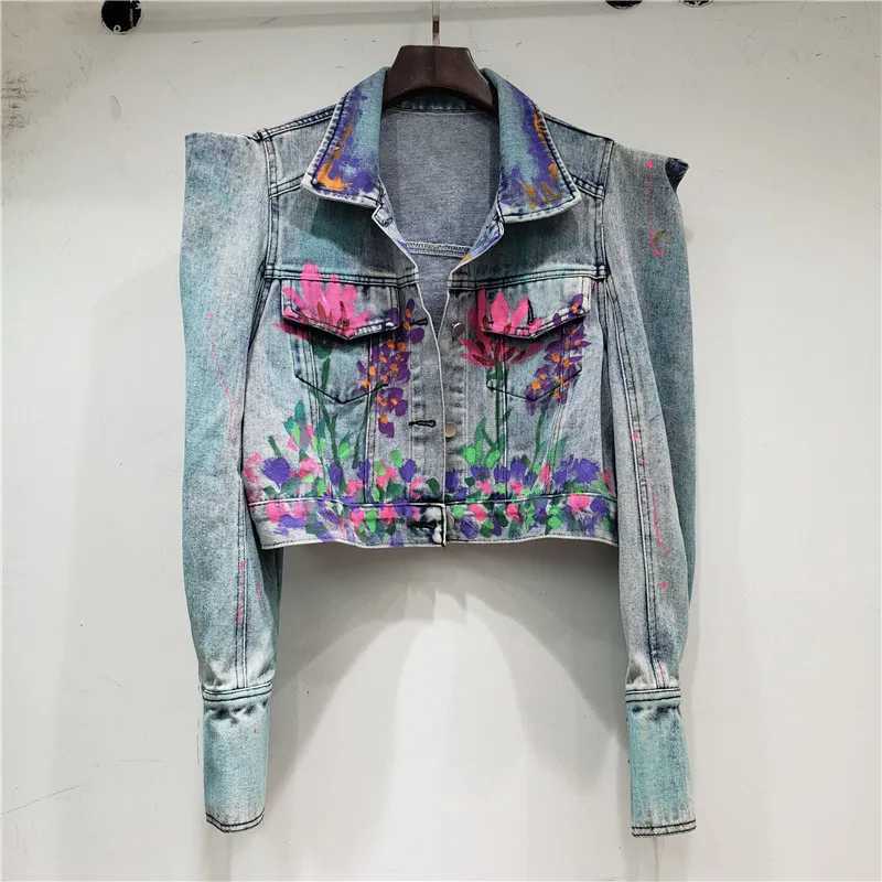 Streetwear Fashion Hand-painted Flower Graffiti Printing Short Denim Jacket Spring Autumn Women Lapel Long Sleeve Jeans JacketX240920