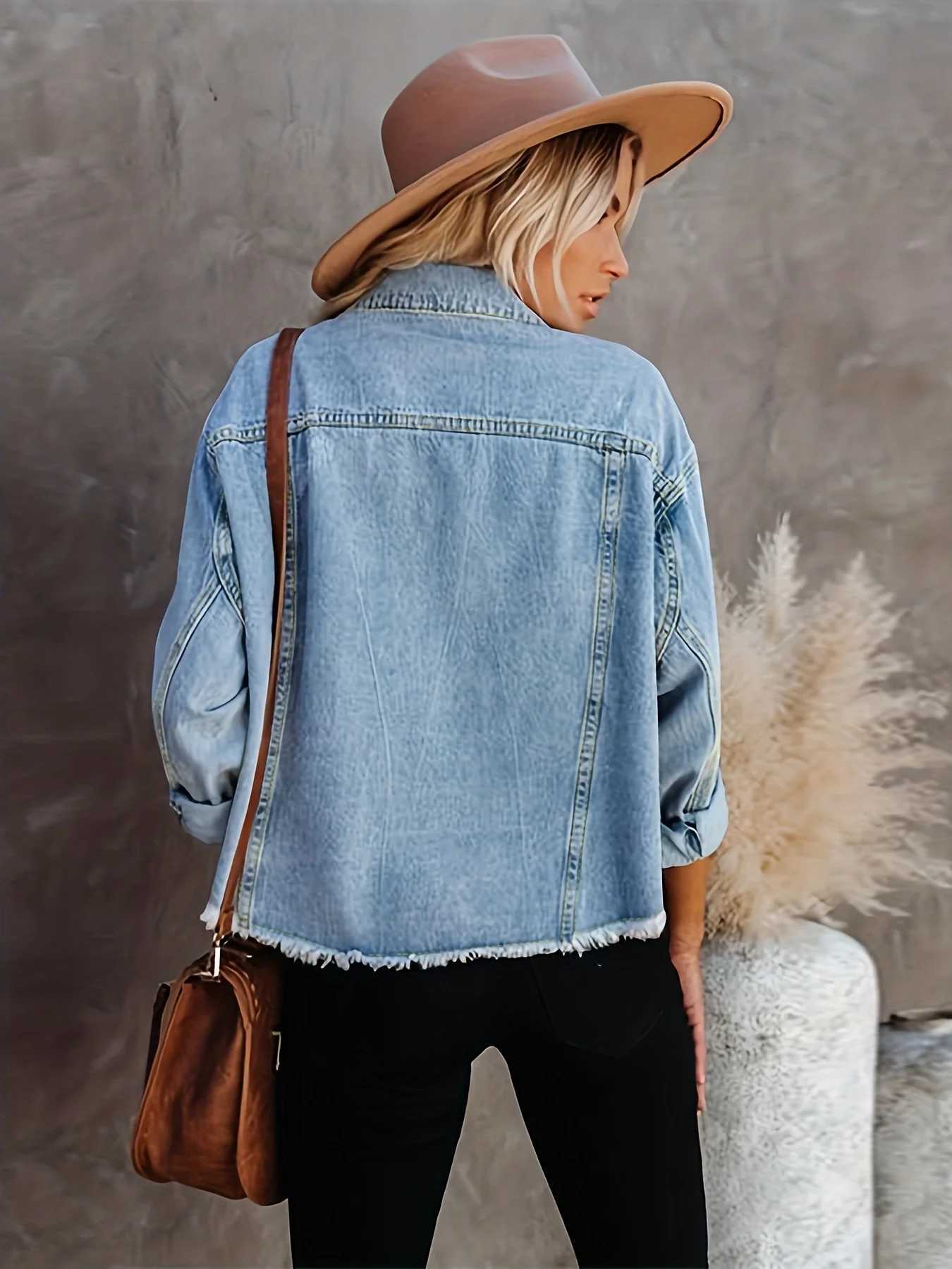 Raw Hem Crotch Length Denim Jacket Light Blue Flap Pockets Long Sleeve Denim Coats Womens Denim ClothingX240920