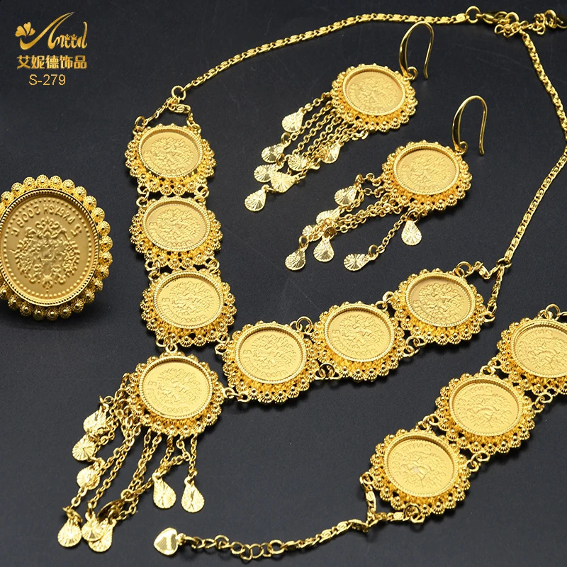 ANIID Dubai Gold Color Coin Necklace Bracelet Jewelry Sets For Women African Ethiopian Bridal Wedding Jewellery Gifts 240911