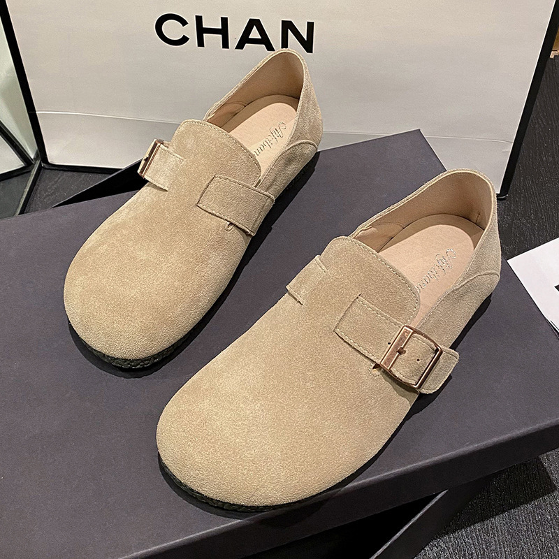 New cowhide Haken shoes for women in spring, casual round toe flat shoes, height increasing single shoes, lazy people, one foot shoes