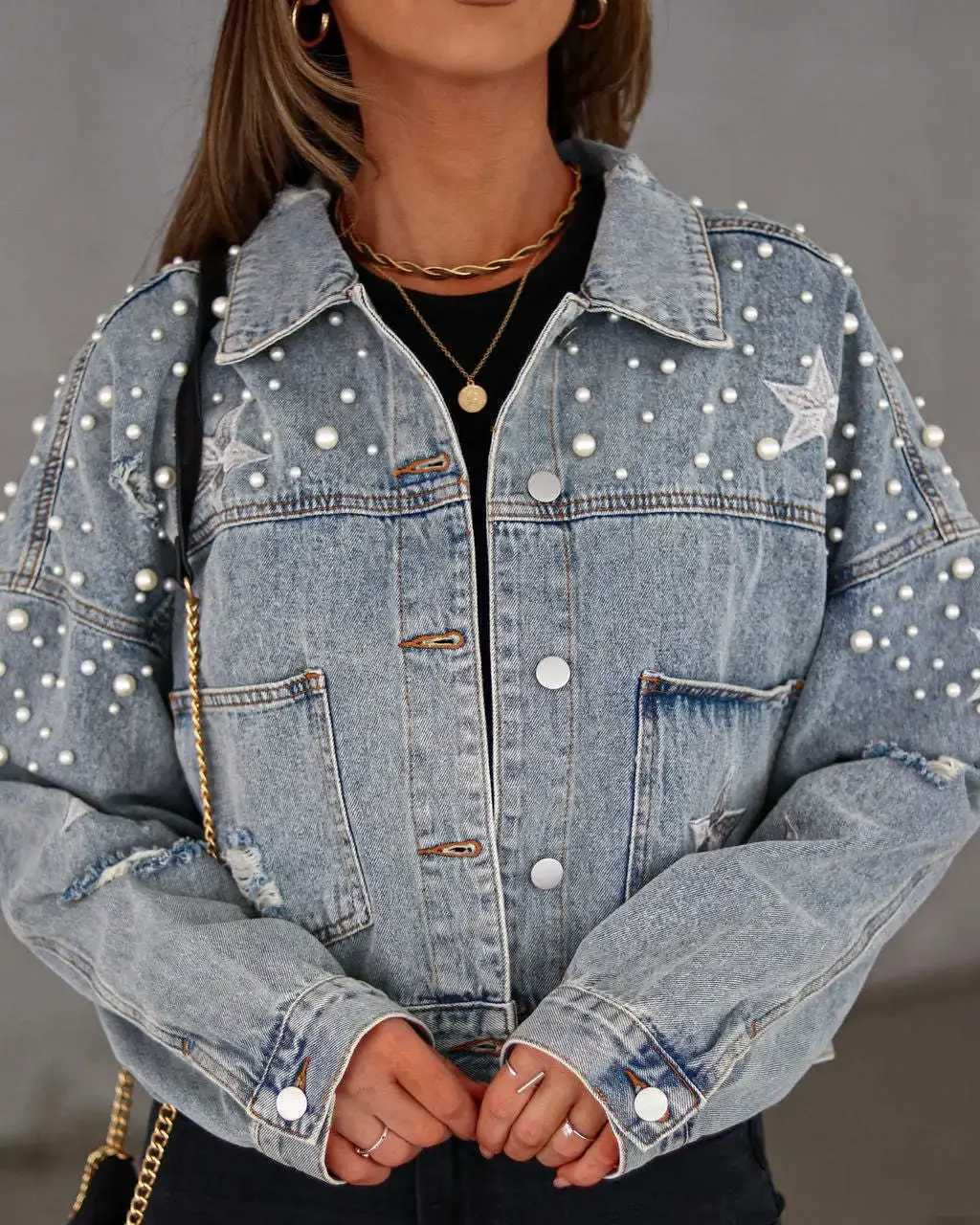 Denim Jacket Single Breasted Beaded Long Sleeve Solid Cardigan Faux Pearl 2023 Spring Autumn CoatX240920