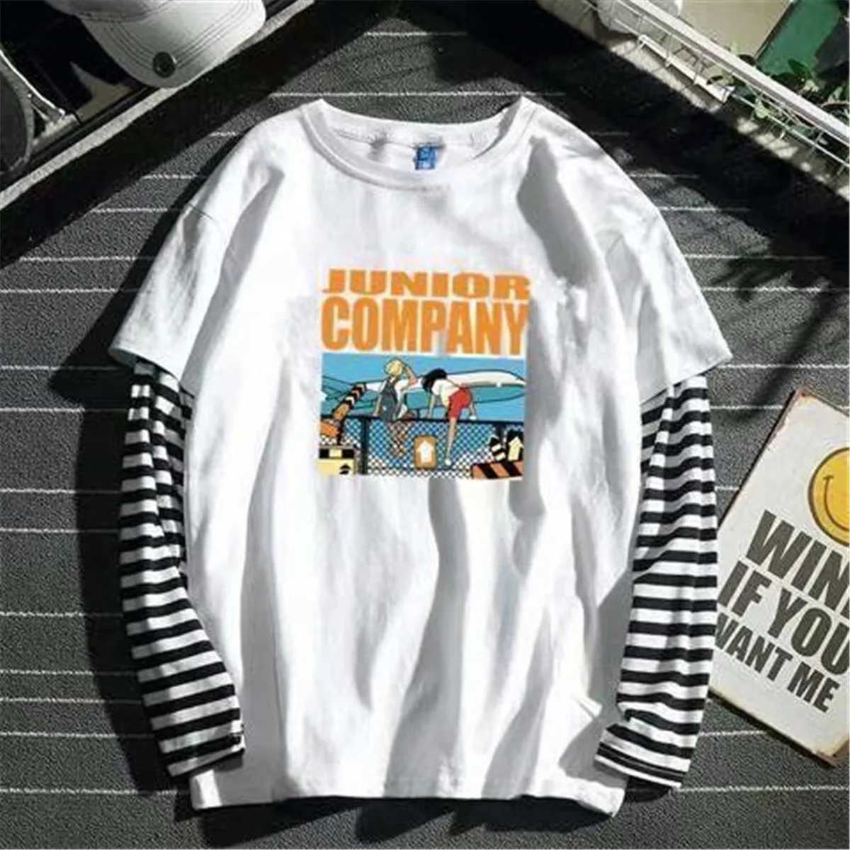 Cool Striped Patchwork T-Shirt Men Autumn Oversize Tops Boys Solid Long Sleeve T Shirt Fashion Japanese Gothic Japan T ShirtX240919