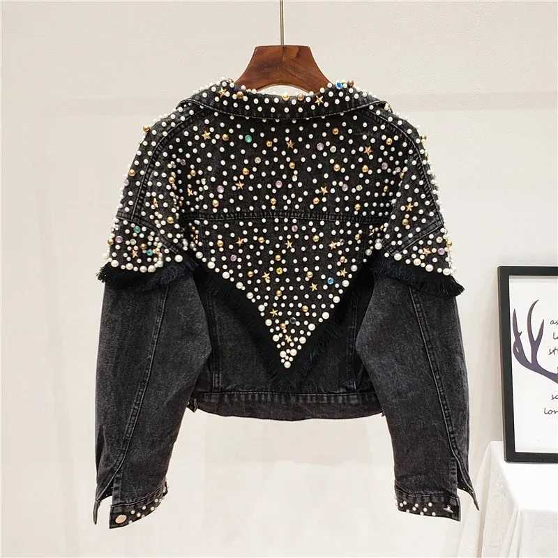 2024 New Mujer Spring Autumn Streetwear Denim Jacket Women Hand-studded Pearls Punk Tassel Veste Femme Loose Short Jeans CoatsX240920