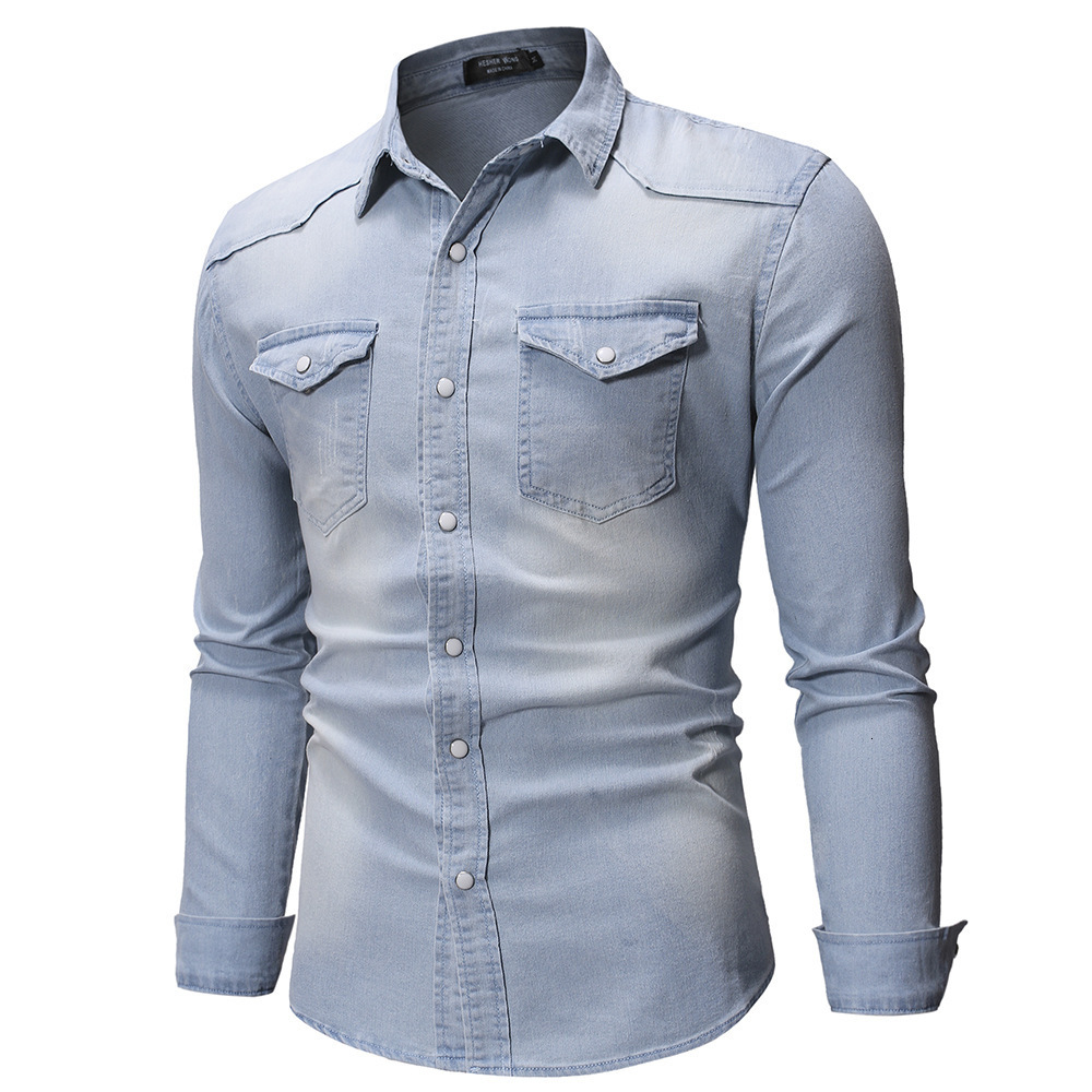 New men's slim fit casual European size minimalist long sleeved denim shirt