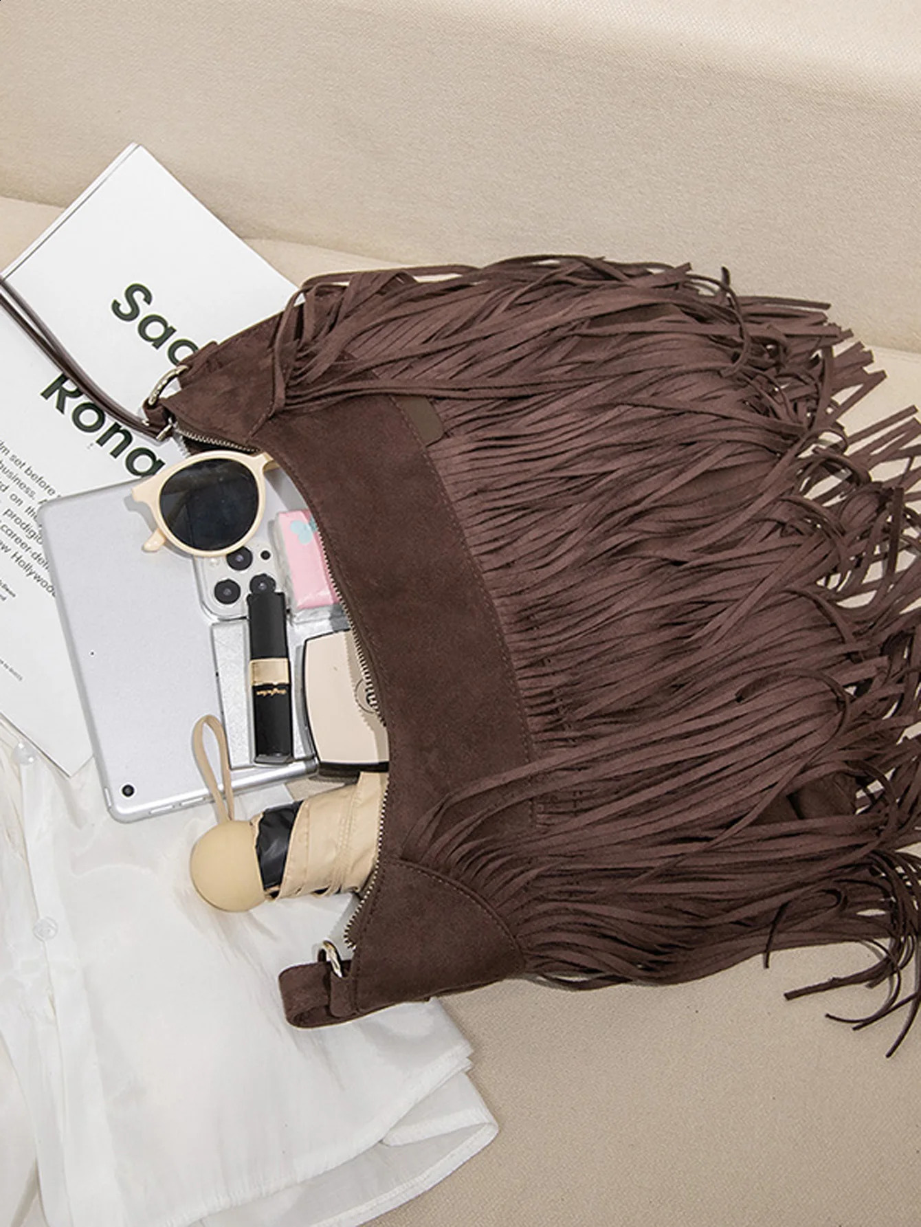 Retro Fashion Womens Tassel Cross Body Bag High Quality PU Leather Solid Color Large Capacity Handbag Outdoor Travel Shoulder Bag 240918