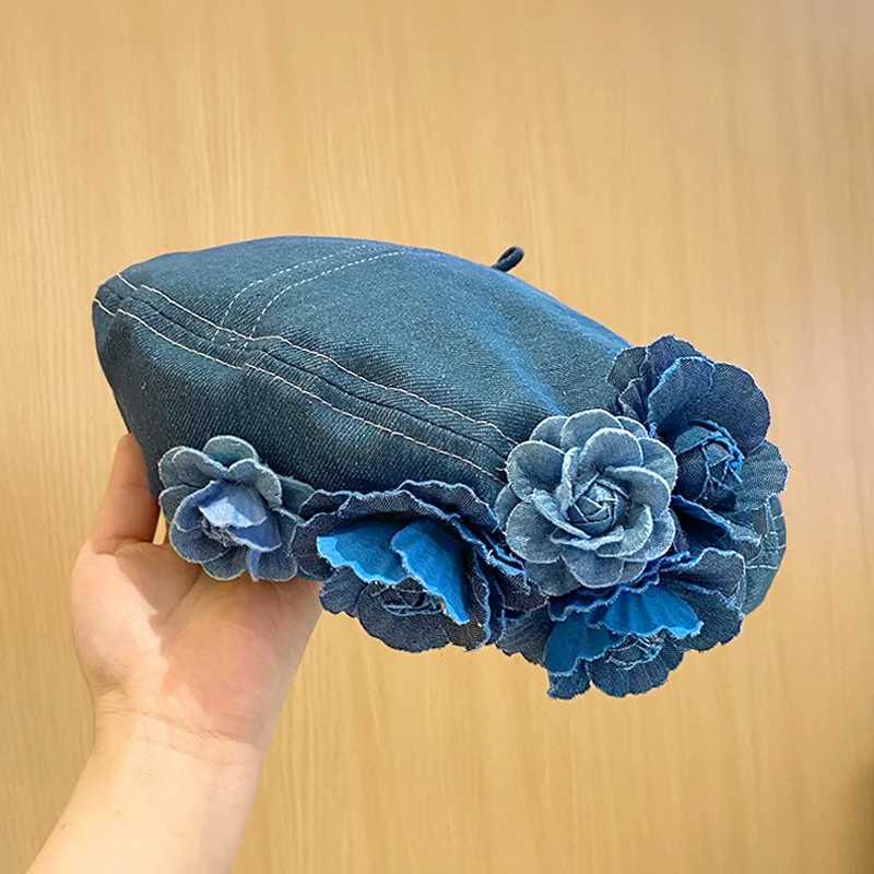 Fashion Flower Denim Beret Hats for Women Girls Spring Summer Sweet Cowboy Cap Korean Casual Artist Painter Caps 2024 NewX240919
