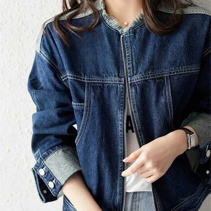 Female Clothing Solid Color Denim Coat Korean Spring Autumn Casual Stand Collar Zipper Fashion Pockets Tassel Spliced JacketsX240920