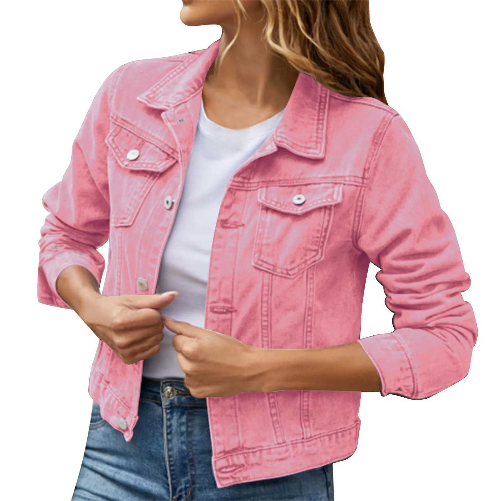 Womens Denim Jacket Coat Basic Solid Color Button Down Cotton Jackets Pockets Vintage Long Sleeve Vintage Casual Outerwear 2023X240920